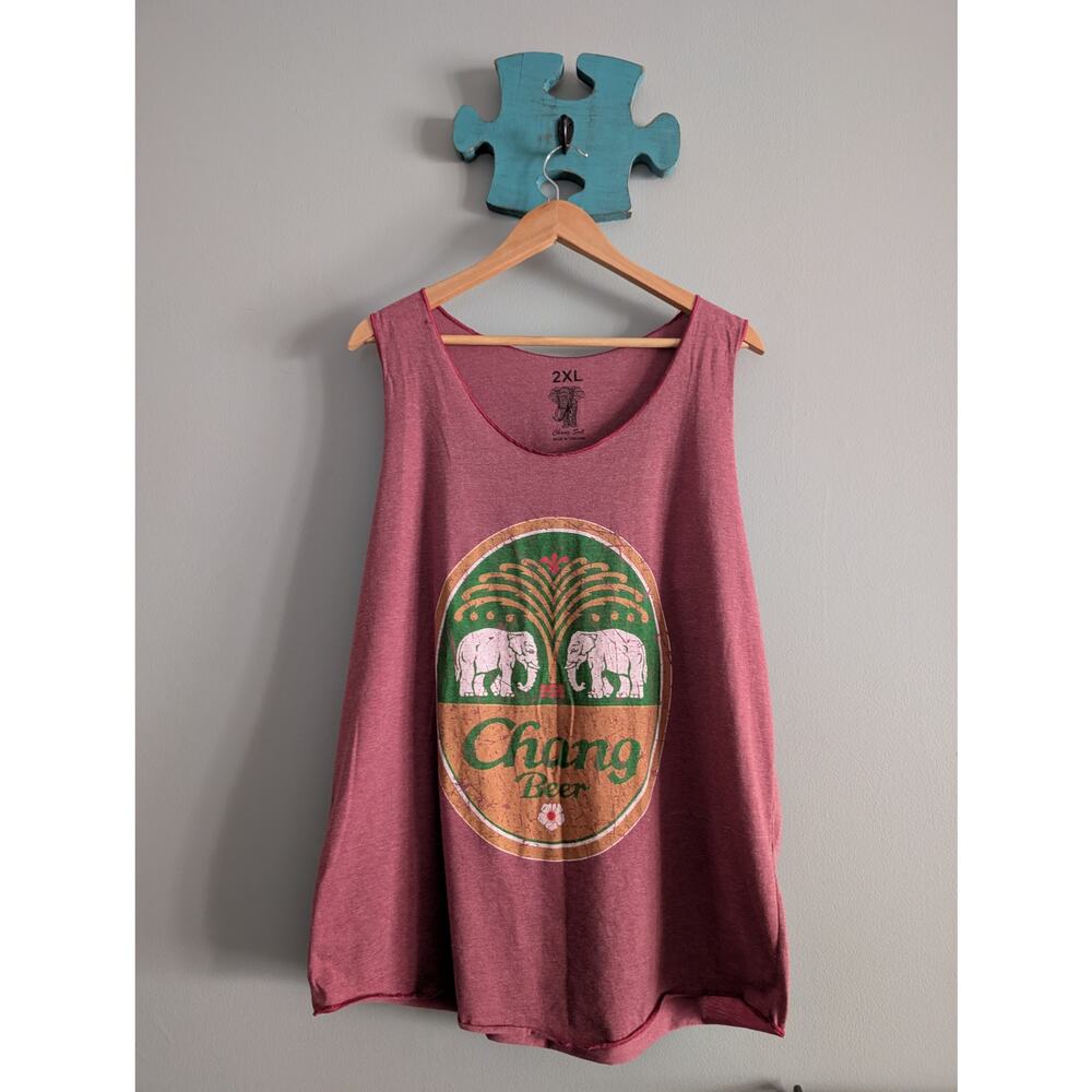 Chang Beer Thailand Mauve Red Tank Top 2X Cotton Beach Travel Casual